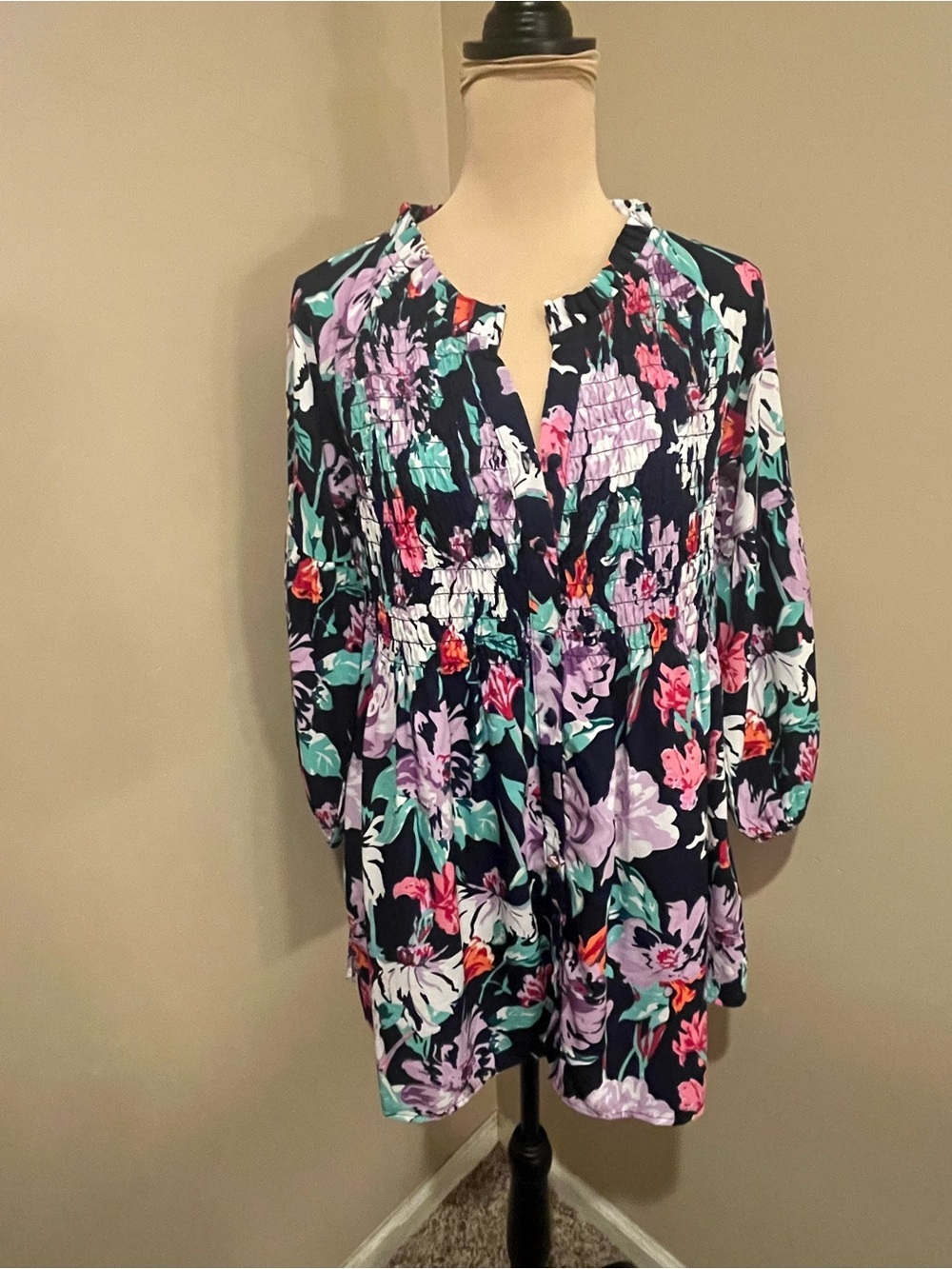 Floral Smocked Navy Tunic with Split Neckline